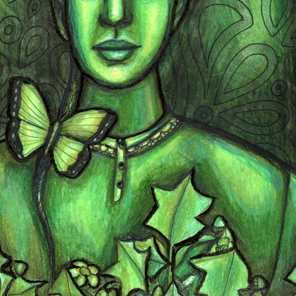 original drawing, art sale, green lady, contemporary artwork, nature, figurative - Picture 3 of 4